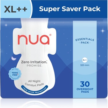 Nua Cotton Sanitary Pads for Women, Toxic-Free &amp; Rash-Free, Unscented, Leakproof &ndash; All Night Comfort XL++ Essentials Pack (30 Pads)
