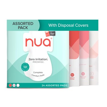 Nua Cotton Sanitary Pads for Women, Toxic-Free &amp; Rash-Free, Unscented, Leakproof &ndash; Complete Comfort L, XL, XL+ Assorted Pads (24 Pads)