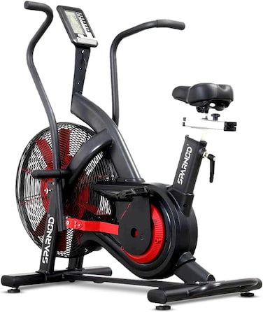 SPARNOD FITNESS SAB-11 Upright Air Bike Exercise Cycle for Home Gym - Dual-Action Handlebars with Belt and Chain Transmission System, 10-Blade Fan Flywheel, LED Display, Adjustable Seat, Mobile Holder