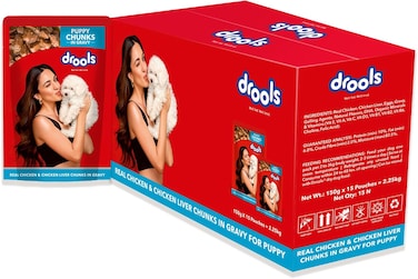 Drools Puppy Wet Dog Food, Chicken &amp; Chicken Liver Chunks Gravy, Pack Of 15 (2.25 Kg)   100% Balanced Diet With Real Chicken, Omega 3 &amp; 6 For Healthy Skin &amp; Coat, Promotes Hydration &amp; Easy Digestion
