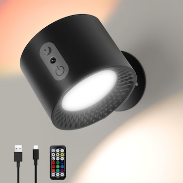 Baytion Wireless Wall Lamp,Rechargeable Wall Lamp with 3 Color &amp; Dimmable RGB Colors Wall Lighting,Wireless Reading Light with 360&deg;Rotatable Wall Sconce for Bedside,Stairs Gallery (Black)
