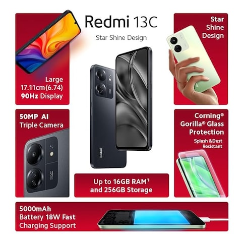 Redmi 13C Dual SIM Stardust Black 8GB RAM 256GB 4G - Indian Version