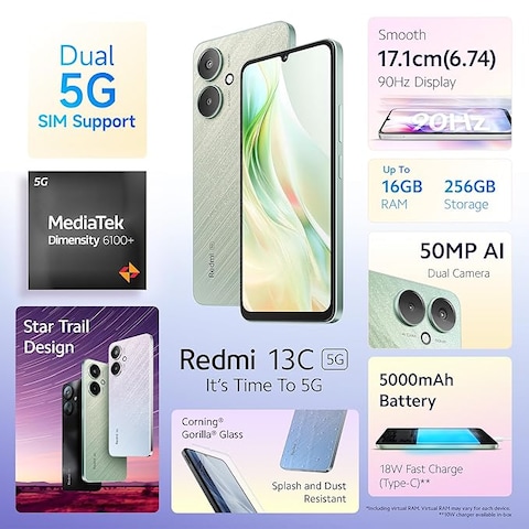 Redmi 13C Dual SIM Startrail Green 8GB RAM 256GB 5G - Indian Version