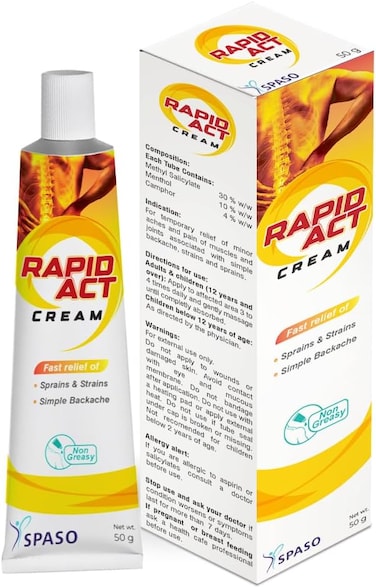 Spaso Rapid Act Cream - Fast Relief Of Sprains &amp; Strains - Simple Backache - Non Greasy - 50 Grams