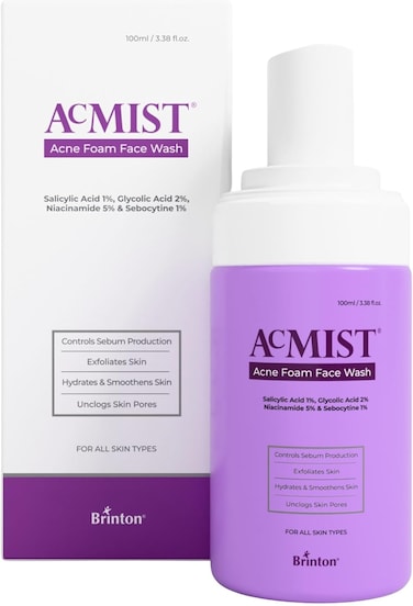 Brinton Acmist Acne Foam Face Wash, 1% Salicylic Acid, 2% Glycolic Acid, 5% Niacinamide, Foaming Face Wash for Acne, Controls Sebum, Unclogs Pores, Smoothens Skin, Suitable for All Skin, 100ml