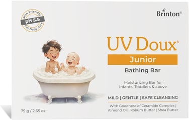 Brinton UV Doux Junior Moisturizing Bathing Bar, 4 Ceramides Complex with Shea Butter, Almond Oil &amp; Kokum Butter, Syndet Bar for Dry, Sensitive &amp; Atopic Baby Skin, Soap-Free, Ph 5.5, 75 G