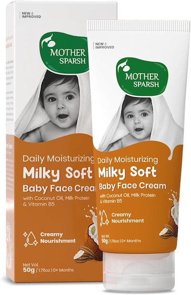 Mother Sparsh Milky Soft Baby Face Cream, Daily Moisturizing Face Cream for Babies with Coconut Oil, Milk Protein &amp; Vitamin B5, Non Sticky Baby Cream Prevents Dryness- (50G)