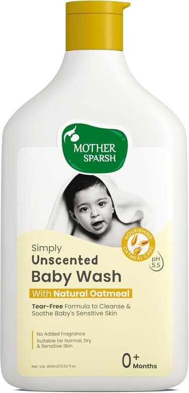 Mother Sparsh Simply Unscented Baby Wash with Natural Oatmeal- 400ml, Fragrance Free Baby Body Wash, Tear Free formula for Newborn's Sensitive Skin