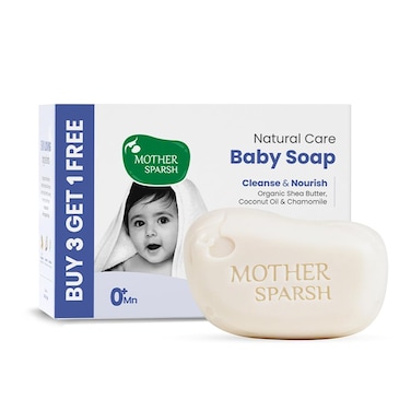 صابون ماذر سبارش للعناية الطبيعية بالأطفال - 75 غرام × 4، اشترِ 3 واحصل على 1 مجانًا، صابون لطيف على بشرة الأطفال حديثي الولادة الحساسة، غني بالبابونج وزبدة الشيا وزيت جوز الهند، ينظف البشرة بلطف