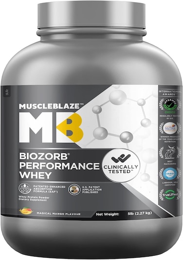 MuscleBlaze Biozorb Performance Whey Protein (Magical Mango, 5lbs / 2.27kg) , 50% Higher Protein Absorption