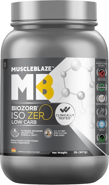 MuscleBlaze Biozorb Iso-Zero, Low Carb (Tropical Mango, 2lbs / 907g) , 27g Pure Whey Protein Isolate Per Scoop