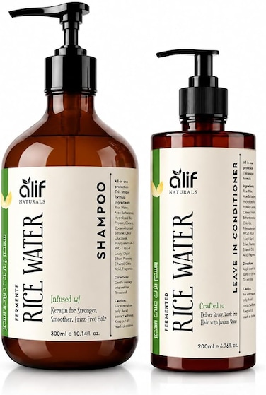 Hair Strengthening Rice Water Shampoo &amp; Leave-In Conditioner with Keratin (Veg Source), Reduces Hair Breakage &amp; Thinning, Sulfate &amp; Paraben Free, Made in UAE