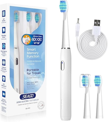 Seago Electric Toothbrush for Adults, with 3 Brush Heads and 4 Modes, Rechargeable Sonic Toothbrush One Charge for 30 Days, Travel Electric Toothbrushes with 2 Mins Timer White
