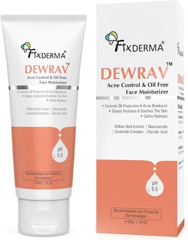 Fixderma Dwerav Acne Control &amp; Oil Free Moisturizer for Face with Glycolic Acid &amp; Niacinamide, Acnemoist Moisturiser for Oily Skin, for Women &amp; Men - 50gm