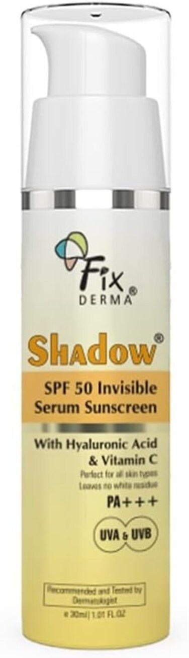 Fixderma Shadow Invisible Serum Sunscreen SPF 50+ PA+++,Ultra Lightweight Transparent Sunscreen with Vitamin C &amp; Hyaluronic Acid,No White Cast,for All Skin Types,for Men &amp; Women,Airless Pump 30 ml