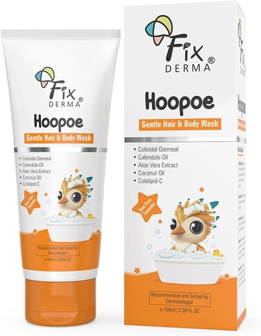 Fixderma Hoopoe Gentle Hair &amp; Body Wash for Kids with Colloidal Oatmeal, Aloe Vera Gel Extract, Calendula &amp; Coconut Oil,Top To Toe Wash for Baby, Tear Free formula (100 ml)