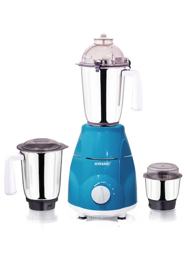 Sonashi 3-in-1 Mixer Grinder - Powerful Motor with 3 Speed Setting and Pulse   Sleek and Stainless Steel Jars with Leak Proof Lid  1.5 L 750 W SB-151SS Blue