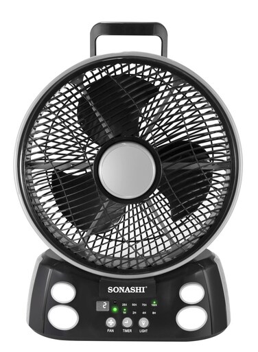 Sonashi Rechargeable Fan with AC/DC Operation and 6 Speed Settings, Fan with LED Light &amp; Solar Charging and USB Charging Function SRF-212 Grey/Black