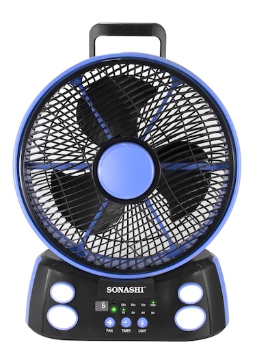 Sonashi Rechargeable Fan with AC/DC Operation and 6 Speed Settings, Fan with LED Light &amp; Solar Charging and USB Charging Function SRF-212 Blue/Black