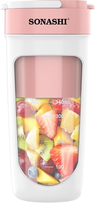 Sonashi Rechargeable Portable Blender   Stainless Steel Sharp Blades - Perfect for Juices &amp; Smoothies   1 Button Control and LED Light Indicator   Easy Clean and Carry   SPB-294 Pink 340ML 40W
