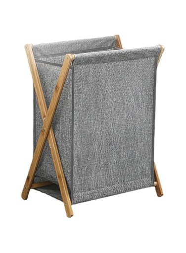 UBP Bamboo Wood Laundry Hamper Basket,Portable Dirty Clothes Laundry Basket， Collapsible Folding Clothes Basket Storage ，X Frame, for Bathroom Bedroom Home (M-Grey)