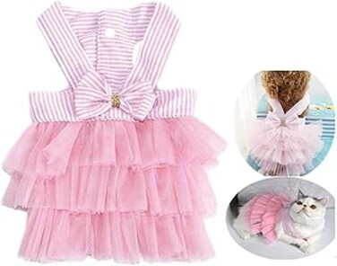 ELECDON Pet Dog Dress for Girl and Boy Doggy Cats Rabbit Fancy Adorable Striped Mesh Dress Princess Petite Vest Doggie Bowknot Dresses for Small Dogs Pomeranian Chihuahua Skirt Pet Puppy (Pink M)