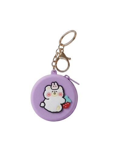 MOBCOS Mini Pouch Keychain &ndash; Cute Round Zipper Coin Purse &amp; Multipurpose Mini Storage Bag with Keyring for Coins, Cash, Keys and Small Essentials   Purple Teddy