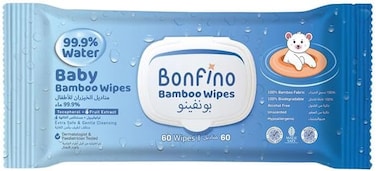 Bonfino Hypoallergenic 99.9% Water Baby Wipes, Alcohol &amp; Fragrance-Free, Biodegradable Bamboo - 60 Pieces