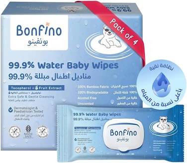 مناديل بونفينو للأطفال مضادة للحساسية، 99.9% ماء، خالية من الكحول والعطور، مصنوعة من الخيزران القابل للتحلل الحيوي، عبوة من 4 قطع - 240 قطعة