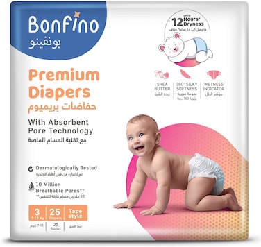 Bonfino Premium Tape Style Diaper, Size 3, Medium - 25 Pieces