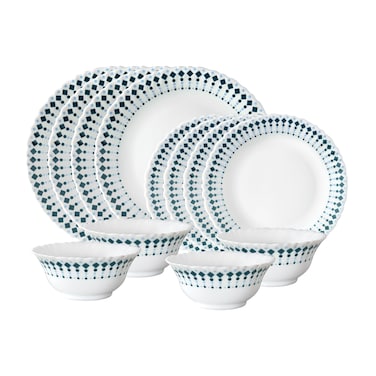 Larah by Borosil Opalware Dinner Set - 12 Pieces   Elegant Geometric Pattern, Lightweight &amp; Chip Resistant Crockery for Home Dining