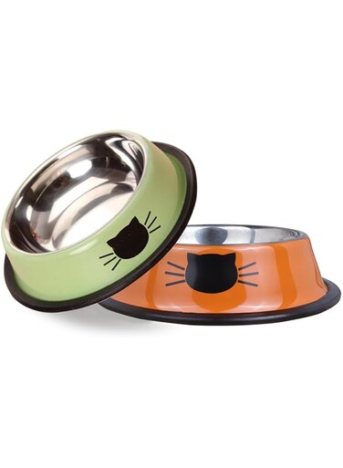 Lonimia Stainless Steel Cat Bowl Pet Bowl,2Pcs Cat Bowl Pet Bowl for Food and Water, Non-Slip Pet Feeding Dish Bowl With Rubber Base for indoor Cats Small Dogs(green/orange)