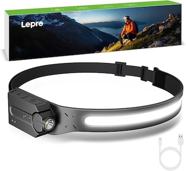 LED Headlamp Rechargeable - Super Bright Motion Sensor Head lamp with 1200 mAh Battery, 230&deg;COB Wide Beam &amp; Adjustable Spotlight, IP44 Waterproof Headlight for Camping, Hiking, Running, Power Outrage