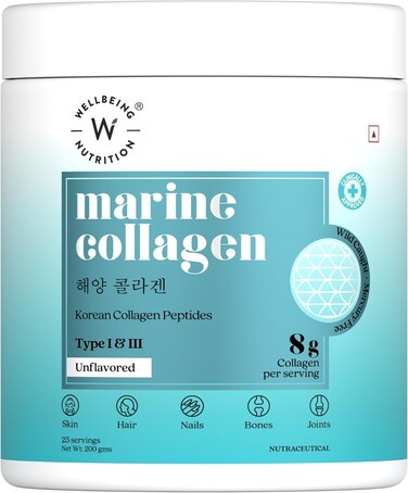 Wellbeing Nutrition Pure Korean Marine Collagen Powder, Hydrolyzed Type 1 &amp; 3 Collagen Protein And Amino Acids, Supports Healthy Skin, Hair, Nails, Bone &amp; Joint, Non GMO, Unflavored - 200g