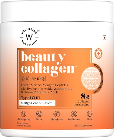 ويلبيينغ نوتريشن الجمال ببتيدات الكولاجين البحرية الكورية مع حمض الهيالورونيك وثمر الورد والأستازانثين والبيوتين وفيتامينات C وE للشعر والأظافر وتألق البشرة ومكافحة الشيخوخة، نكهة المانجو والخوخ