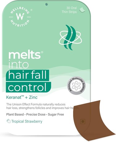 مكمل غذائي ميلتس هير فول كونترول بالكيرانات والزنك من ويلبينج نوتريشن، منتج نباتي لدعم صحة الشعر وتحسين بصيلاته وتعزيز الكثافة ومنع تساقط الشعر، 30 شريط، يؤخذ عن طريق الفم