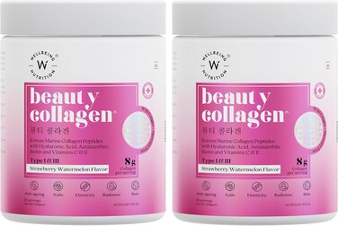 كولاجين تجميلي من ويلبينج نيوتريشن مع حمض الهيالورونيك، مكملات الكولاجين للنساء والرجال، مسحوق الكولاجين مع البيوتين والفيتامينات لإشراقة البشرة ومكافحة الشيخوخة، 250 غرام - فراولة وبطيخ