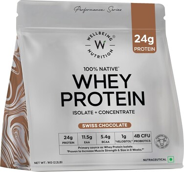 ويلبيينغ نوتريشن بروتين مصل اللبن المعزول + المركز (الشوكولاتة السويسرية)، بروتين 24 غرام، 11.5 غرام EAA، مركب بروتين عضلي مثبت سريريًا، بروبيوتيك 4B CFU وانزيمات الجهاز الهضمي، 1 كجم