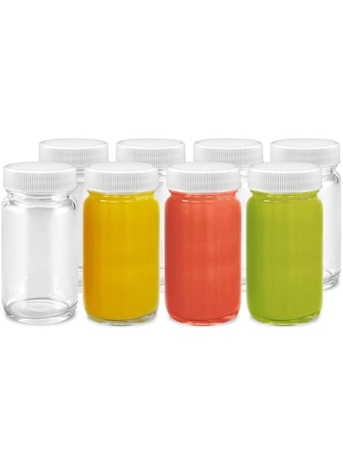 Juice Shot Bottles Set 2Oz, Glass Ginger Shot Bottles for Juicing, Beverage, with Press Screw Cap, Reusable, Leak Proof and Dishwasher Safe, 8 Pack