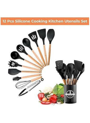 silicone kitchenware set,Cooking Utensils Set With Wooden Handles Metal Container, Cookware,Kitchen Utensils,Spatula,Silicone Utensils, Nonstick Cookware, Heat Resistance