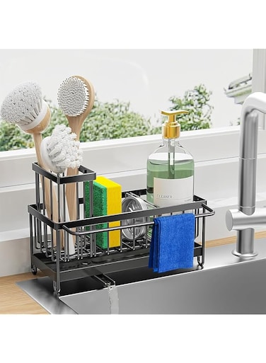 Sink Caddy Organizer with High Brush Holder, Sponge Holder for Kitchen Sink, Sponge Caddy Organizer, Sink Caddy with Auto-Drain, Kitchen Countertop Soap Dispenser Organizer