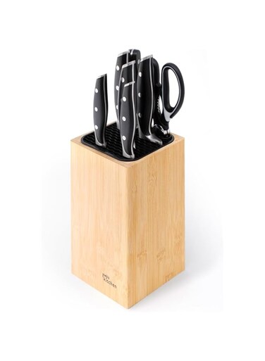 Joeji&#39;s Kitchen Universal Knife Block without Knives with Extra Slots for Scissors &amp; Sharpening Rod, Bamboo Knife Block only, Easy to Clean &amp; Drain Kitchen Knife Holder Without Knives
