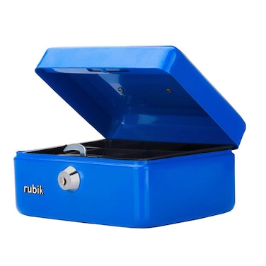 Rubik Small Cash Box Steel Register with Tray and Lock Durable Portable Money Box Safe for Bills Jewelry Receipts Coins (15x12x7.5cm) Blue