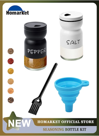 Salt and Pepper Shakers Set, 5 Ounce Stainless Steel Salt and Pepper Dispenser with Glass Bottom, Cute Salt and Pepper Shakers with Brush and Funnel for Modern Home Kitchen Decor, Easy Filling