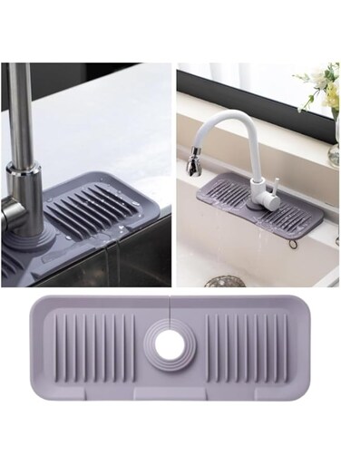 Silicone Kitchen Sink Mat, Water Drainage Tray, Dish Drying Pad - Faucet splash mat - faucet absorbent mat -Sink countertop protector -draining mat for sink (Gray, 37x14)
