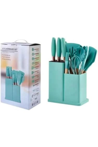 19pcs Green silicone spatula set with holder&mdash;heat-resistant, BPA-free, safe for nonstick cookware.