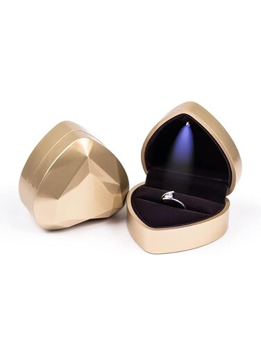 Oasisgalore Heart Shaped Ring Box with LED Light Velvet Jewelry Display Gift Box Earrings Coin Storage Box for Proposal,Engagement,Wedding,Anniversary (Gold)