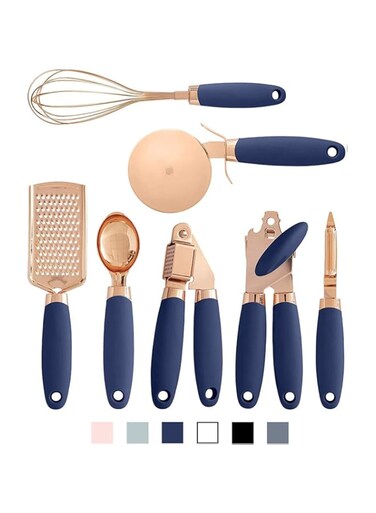 TrueVista 7 Pcs Kitchen Gadget Set, Copper Coated Stainless Steel Utensils Can Opener Pizza Cutter Wheel, with Soft Touch Silicone Black Handles, Kitchen Utensil Sets Baking Tools