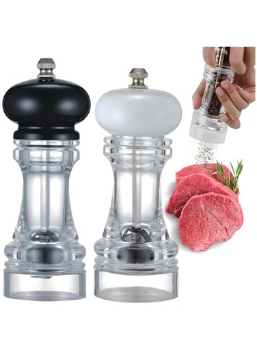 DIMPLE CART Salt &amp; Pepper Grinder 7 Inch Mill Set, Manual Salt Pepper Grinder Refillable Salt &amp; Pepper Mills - Hand Wash Kitchen Tool - Clear Acrylic (2pack)