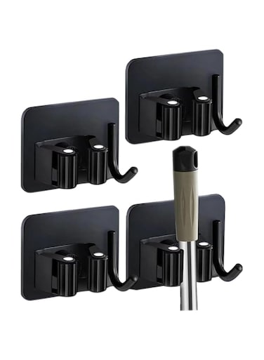 ELLEXMOVING 4 Pack Stainless Steel Broom Mop Holder, Broom Gripper Holds Self Adhesive Reusable Super Anti-Slip, Wall Mounted Kitchen Wardrobe Garage Storage Rack Black Hook